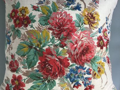 Vintage floral linen cushion